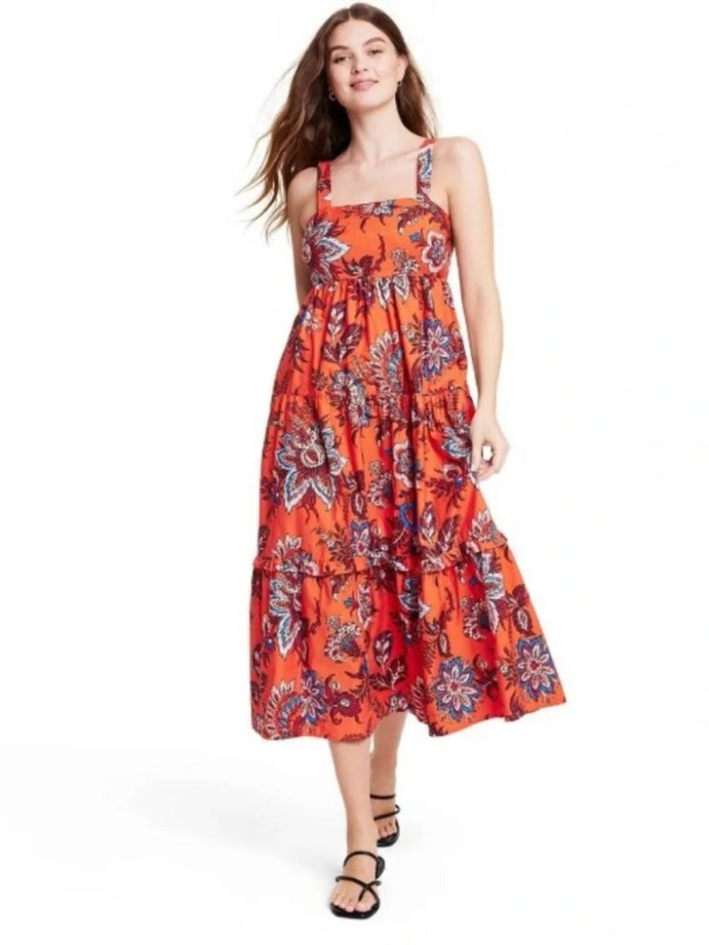 RHODE X Target Leafy Orange Floral Print Tiered Midi Dress M